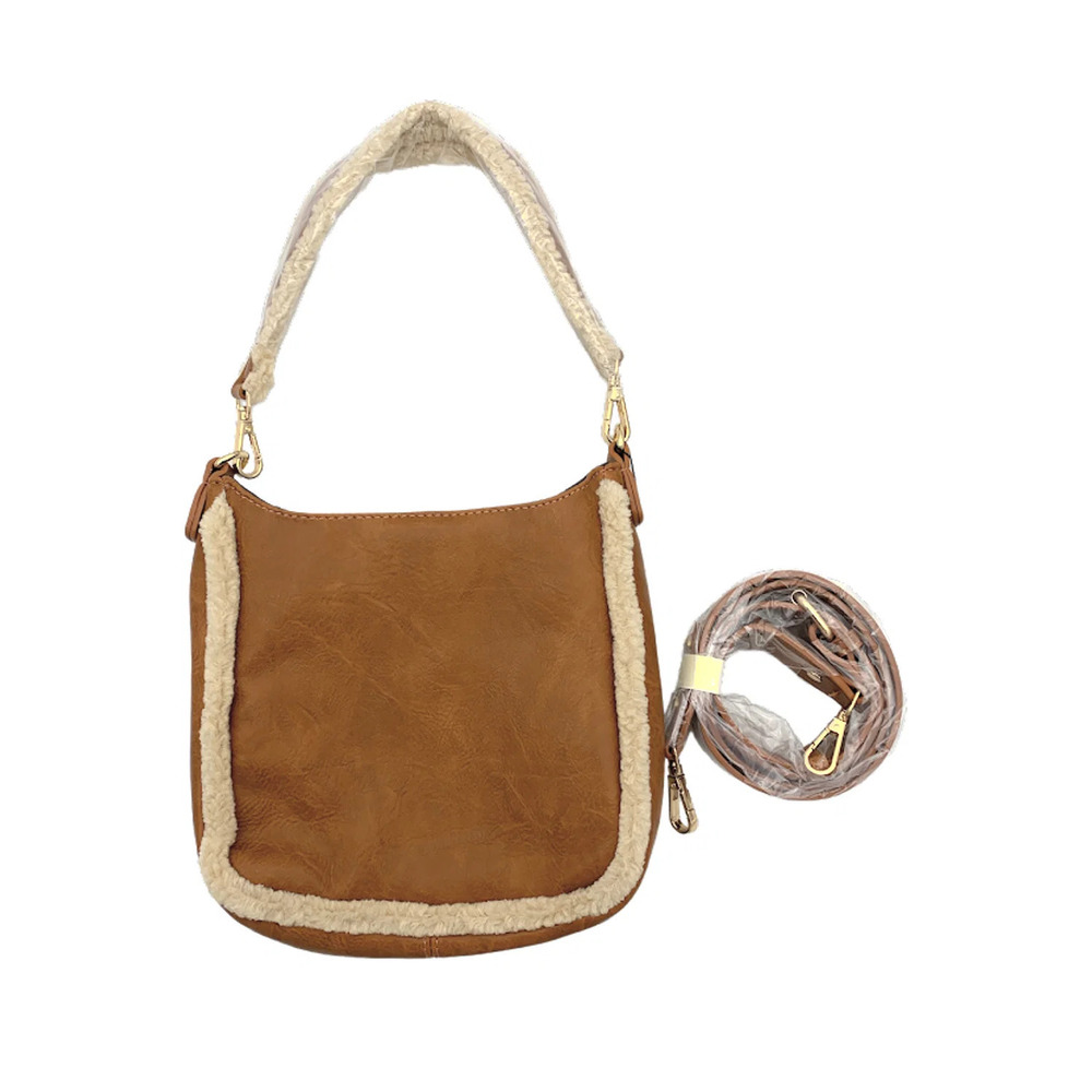 AHDORNED Sherpa Messenger w/ Adjustable Faux Leather Strap Camel Cream